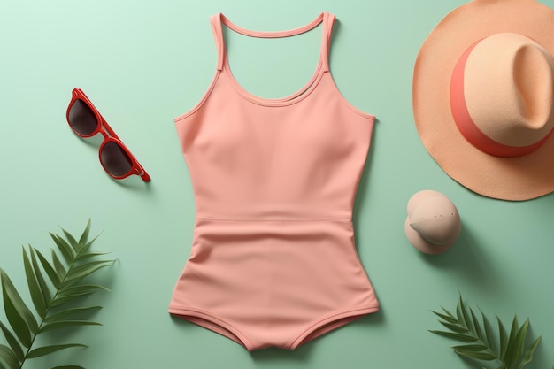 Photo a pink swimsuit with sunglasses and sunglasses on a green background