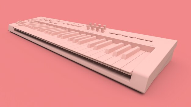 Pink synthesizer MIDI keyboard on pink background. Synth keys close-up. 3d rendering.