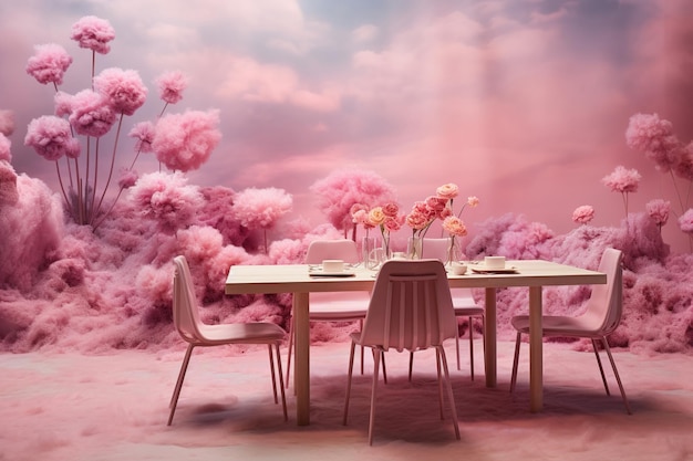 Pink table setting roses flowers decoration generative ai