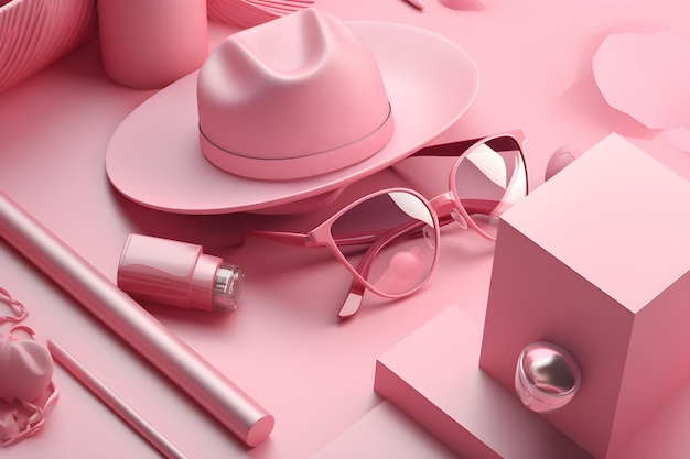 A pink table with a hat, glasses, and a hat