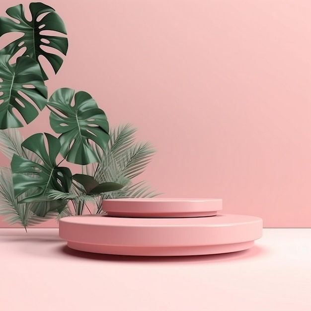 A pink table with a plant on it and a pot with a plant on it