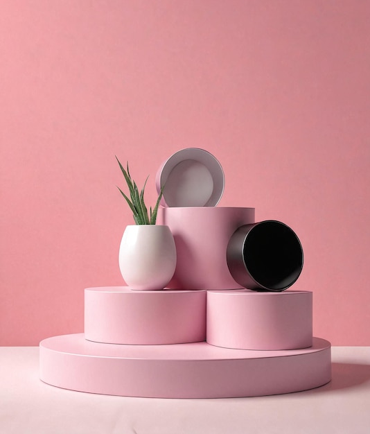 Foto un tavolo rosa con una pianta al centro