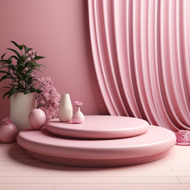 a pink table with a potted plant on it