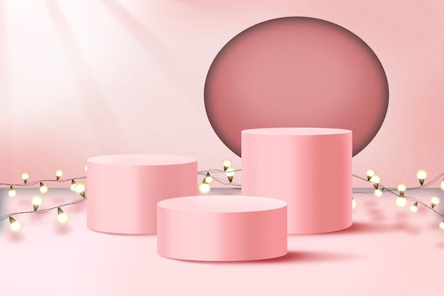 A pink table with a round base and a round pink stand with a circle of lights behind it.