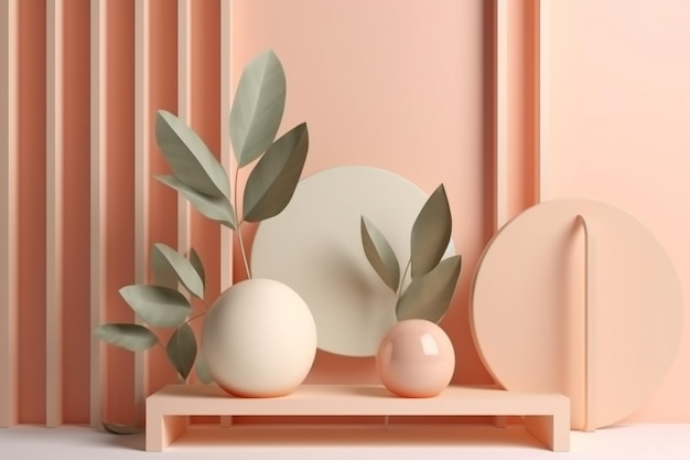 A pink table with a round objects on it and a round plate with leaves on it.