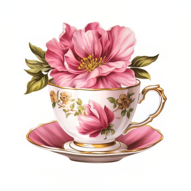 A pink teacup with a pink flower in it.