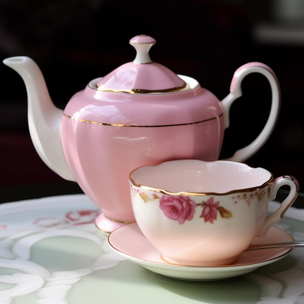 A pink teapot and a cup with a rose design are on a table.