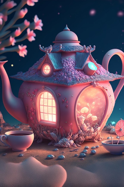 Pink teapot sitting on top of a sandy beach generative ai
