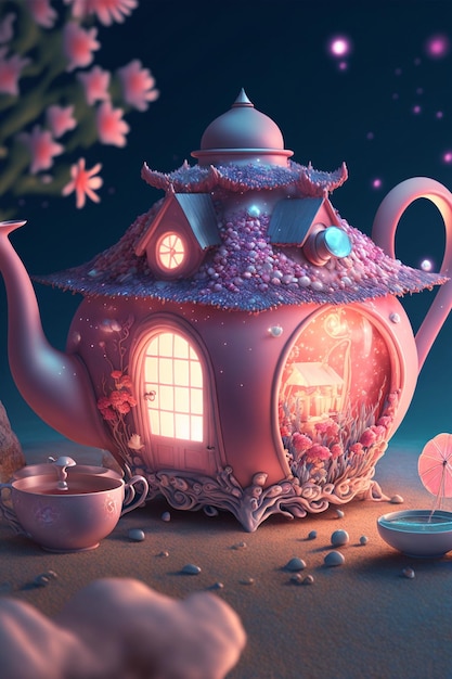 Pink teapot sitting on top of a table generative ai