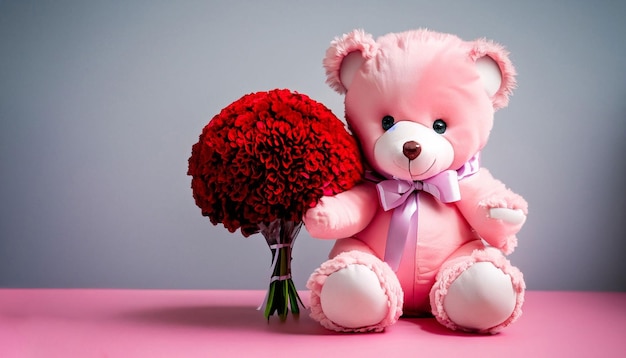 A pink teddy bear and a bouquet of red roses