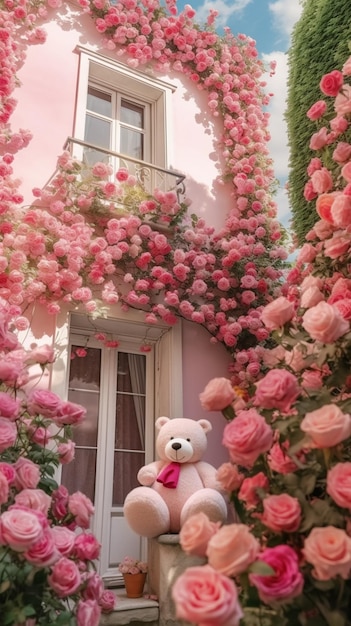 A pink teddy bear in front of a window with a pink ribbon and a pink bow.
