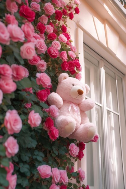 A pink teddy bear is hanging on a wall of roses.