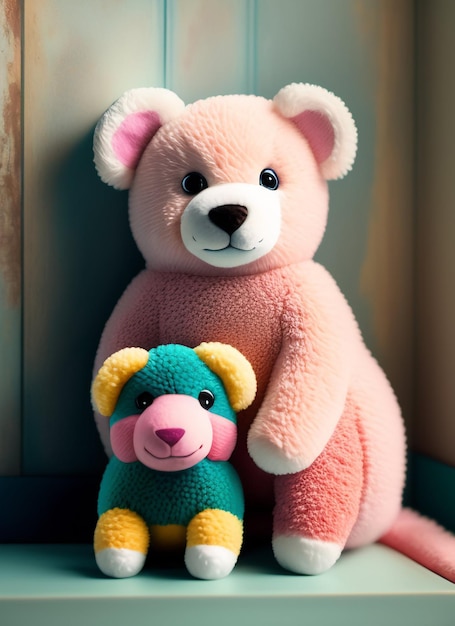 A pink teddy bear and a pink bear are sitting together.