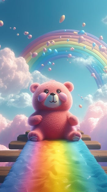 A pink teddy bear sits on a rainbow