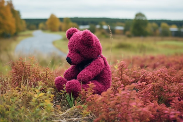 Photo pink teddy bear sitting on pond side outdoor