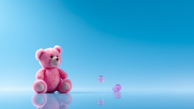 Pink teddy bear sitting reflecting on the floor on blue background