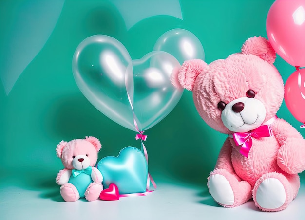 Pink teddy bear with balloons on a turquoise background Generative AI