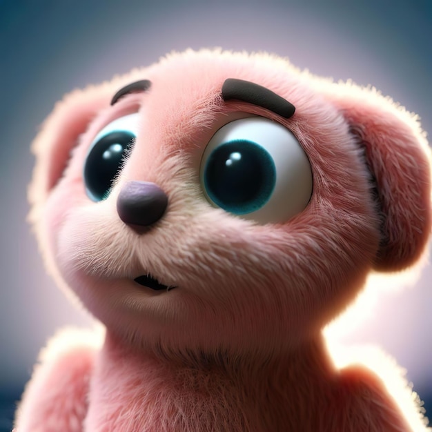 A pink teddy bear with a blue eyes and a black nose