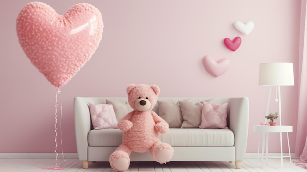 Pink teddy bear with a heart and a balloon in a cozy