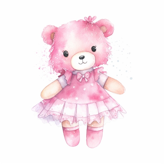 A pink teddy bear with a pink dress and bow tie.