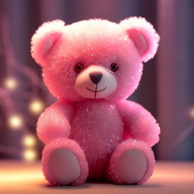 a pink teddy bear with a pink nose and a pink bow on its neck