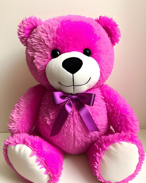 A pink teddy bear with a purple bow sits on a white surface.