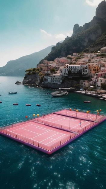 a pink tennis court in the middle of the ocean