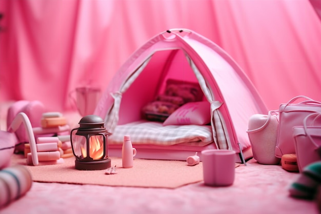 A pink tent with a candle and a candle on it