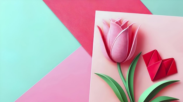 Foto tulipano tessile rosa e cuore di origami rosso su sfondo di carta pastel rosa e verde rosso