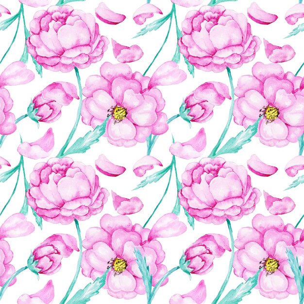 Photo pink textile and wallpaper background with spring flowers
