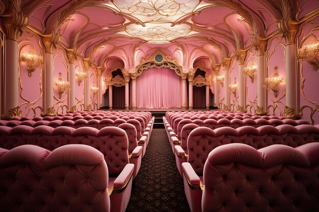 Розовый театр с розовым фоном и розовыми стульями