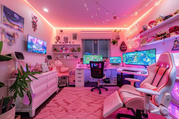 Photo pink theme gaming room for ladies