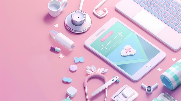 pink themed digital healthcare setup with smartphone and medical accessories