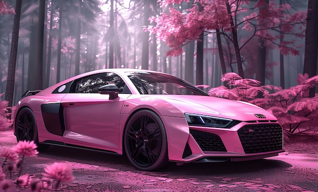 pink themed forest with pink trees and an Audi R8 in the middle of it