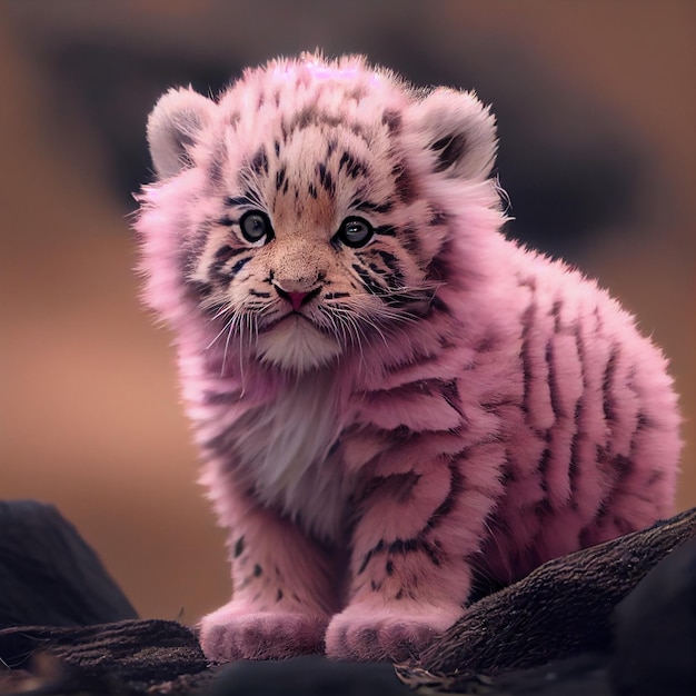 A pink tiger cub with the purple stripes on its fur.