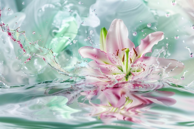 Pink tiger lily lying in the water abstract background in pink and light green pastel colour