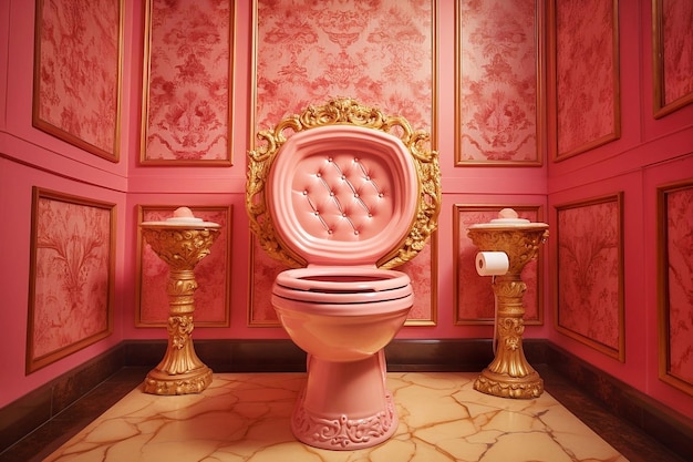 Pink toilet in a room with red wallpaper