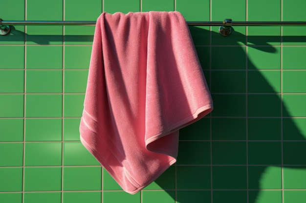 Pink Towel on Green Tile Wall