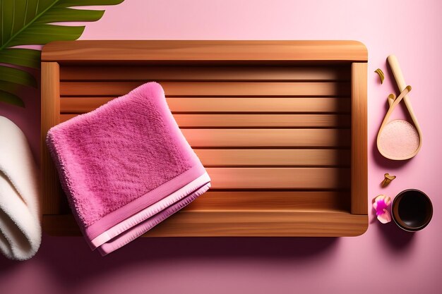 Розовое полотенце и деревянная корзина с надписью Home Spa Concept