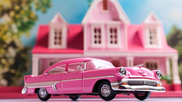 写真 ぼやけたドールハウスの背景にピンクのおもちゃのクラシックカー おもちゃ ai の世界