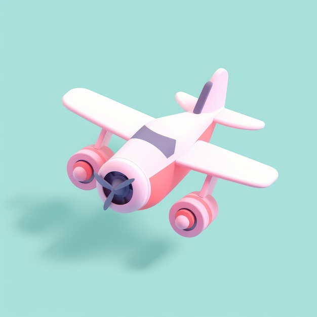 검은 코를 가진 분홍색 장난감 비행기가 하늘을 날고 있습니다.