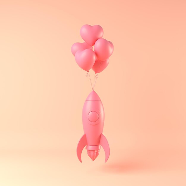 Pink Toy rocket takes off and balloons on a yellow background 3d render illustration