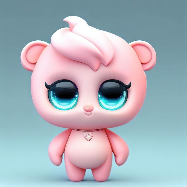 A pink toy with blue eyes and a pink bear on it