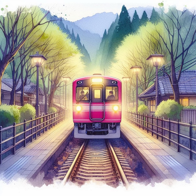 輝く背景の自然の中のピンクの列車のイラスト