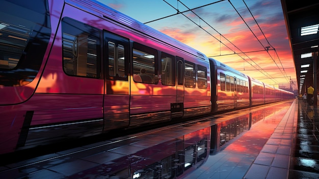 Розовый поезд едет по железнодорожным путям рядом с платформой, генерирующей AI-изображение