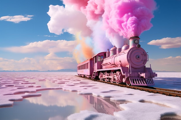 Photo pink train traveling on a rainbow salt plain in the style of fantastical otherworldly visions