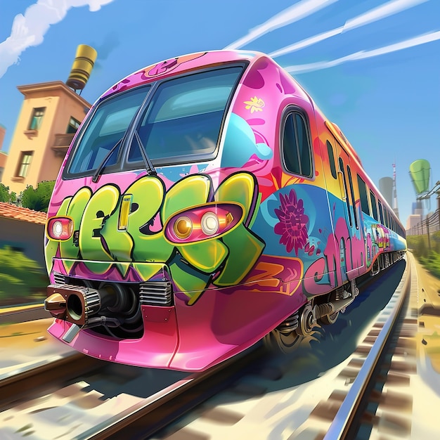 a pink train with graffiti that says graffiti on it