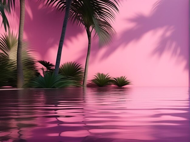 Pink transparent clear calm water surface Texture with palm tree shadows with pink podium Trendy a