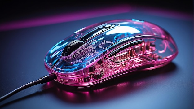 Photo a pink transparent computer mouse with blue glowing internal components