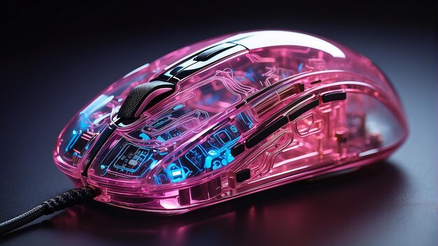 Photo a pink transparent computer mouse with blue glowing internal components